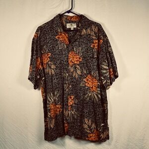 Island Shores Silk Shirt Mens XL Black Floral Tropical Aloha Button Down
